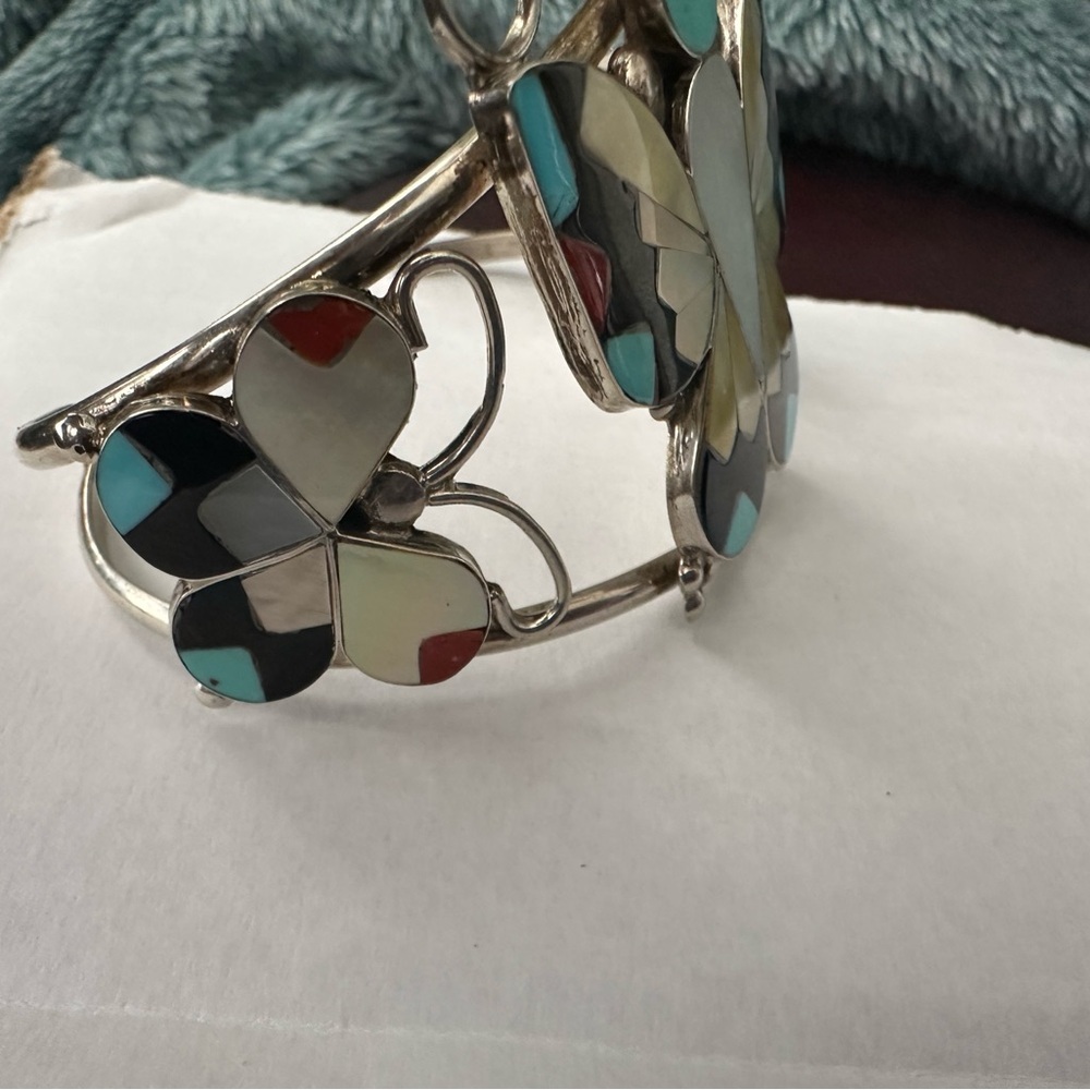 Zuni Handmade Sterling Silver Butterfly Cuff Bracelet Multicolor 7" - Picture 4 of 7